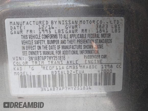 2017 Nissan Sentra S z VIN 3N1AB7AP7HY251816, wystawiony jako IAAI lot #41798600 z przebiegiem 82 455 mil mil oraz . Historia ofert i sprzedaży dostępna na DreamBid. Obrazek 9.