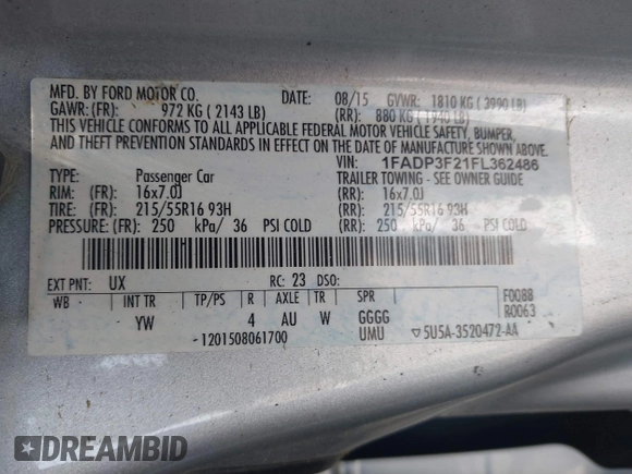 2015 Ford Focus SE with VIN 1FADP3F21FL362486, listed as a IAAI auction lot 42460834 with 343,619 mi miles and . Bid and sale history available at DreamBid. Image 9.