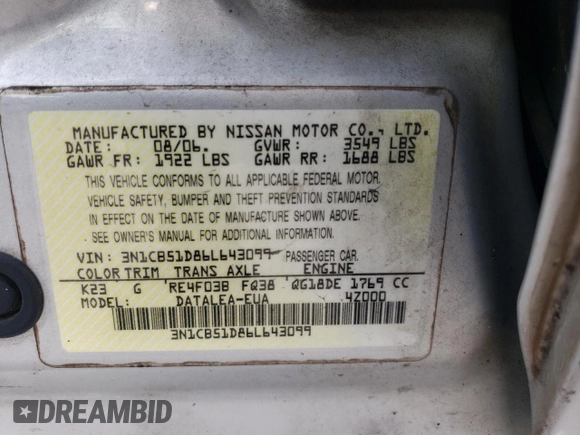 2006 Nissan Sentra S with VIN 3N1CB51D86L643099, listed as a Copart auction lot 87478174 with 101,367 mi miles and Salvage Title. Bid and sale history available at DreamBid. Image 13.