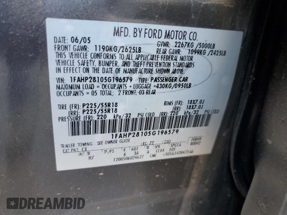 2005 Ford Five Hundred Limited with VIN 1FAHP28105G196579, listed as a Copart auction lot 82986474 with 0 mi miles and Clean Title. Bid and sale history available at carsss.com. Image 12.