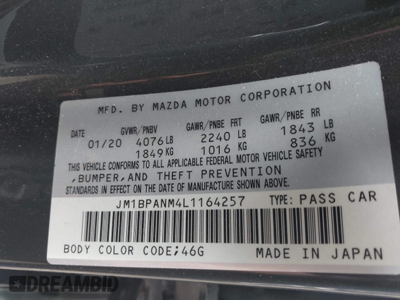 2020 Mazda Mazda3 Hatchback Premium Package with VIN JM1BPANM4L1164257, listed as a IAAI auction lot 41905435 with 1 mi miles. Bid and sale history available at carsss.com. Image 9.
