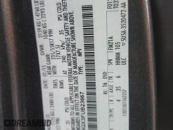 2015 Ford Escape SE with VIN 1FMCU9GX3FUB23667, listed as a Copart auction lot 52184155 with 184,954 mi miles and Salvage Title. Bid and sale history available at carsss.com. Image 12.