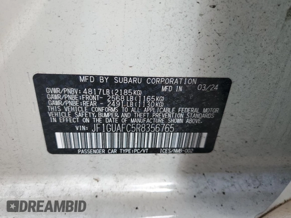 2024 Subaru Impreza Sport with VIN JF1GUAFC5R8356765, listed as a Copart auction lot 68925754 with 0 mi miles and Salvage Title. Bid and sale history available at carsss.com. Image 12.