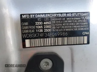 2004 Mercedes-Benz SL 55/63 AMG with VIN WDBSK74F34F069986, listed as a Copart auction lot 62037125 with Not provided miles and Clean title. Bid and sale history available at DreamBid. Image 13.