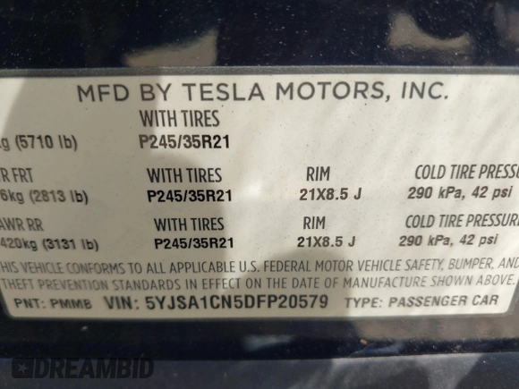 2013 Tesla Model S z VIN 5YJSA1CN5DFP20579, wystawiony jako IAAI lot #41983339 z przebiegiem 80 118 mil mil oraz . Historia ofert i sprzedaży dostępna na DreamBid. Obrazek 9.