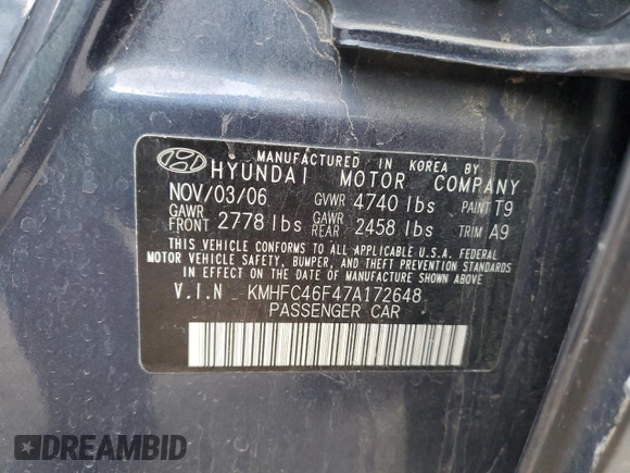 2007 Hyundai Azera SE with VIN KMHFC46F47A172648, listed as a Copart auction lot 87017714 with Not Provided miles and Salvage Title. Bid and sale history available at DreamBid. Image 12.