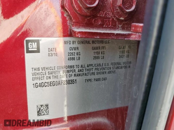 2010 Buick LaCrosse CXL with VIN 1G4GC5EG0AF230351, listed as a Copart auction lot 61272405 with 150,389 mi miles and Clean title. Bid and sale history available at DreamBid. Image 12.