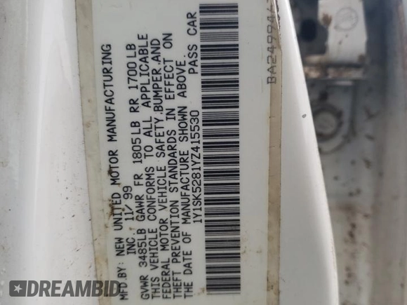 2000 Chevrolet Prizm z VIN 1Y1SK5281YZ415530, wystawiony jako Copart lot #60704824 z przebiegiem Nie podano mil oraz Szkody całkowita. Historia ofert i sprzedaży dostępna na DreamBid. Obrazek 12.