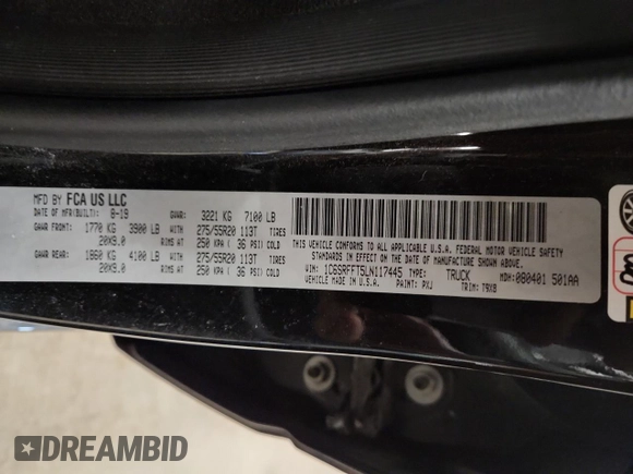 2020 Ram 1500 Big Horn with VIN 1C6SRFFT5LN117445, listed as a Copart auction lot 58014325 with 79,345 mi miles and Salvage title. Bid and sale history available at DreamBid. Image 12.
