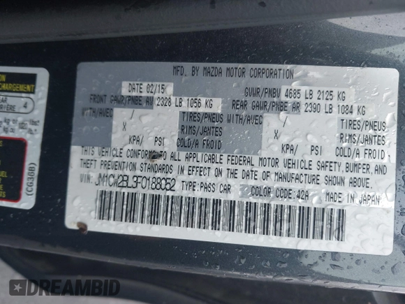 2015 Mazda 5 Sport with VIN JM1CW2BL3F0188052, listed as a IAAI auction lot 40777036 with 69,405 mi miles. Bid and sale history available at carsss.com. Image 9.