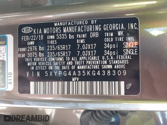 2019 Kia Sorento L with VIN 5XYPG4A35KG438309, listed as a IAAI auction lot 41539011 with 73,312 mi miles. Bid and sale history available at carsss.com. Image 9.