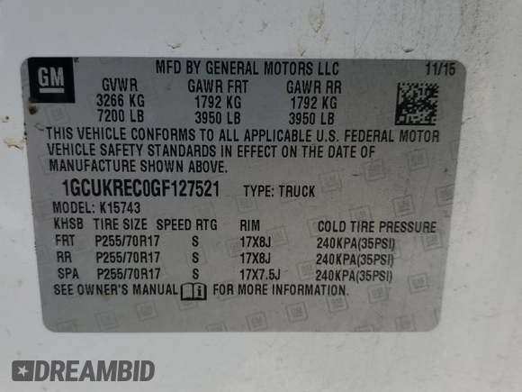 2016 Chevrolet Silverado 1500 LT with VIN 1GCUKREC0GF127521, listed as a Copart auction lot 42563825 with Not Provided miles and Salvage Title. Bid and sale history available at DreamBid. Image 14.