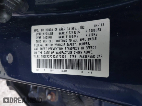 2013 Honda Accord LX z VIN 1HGCR2F36DA170820, wystawiony jako IAAI lot #41054702 z przebiegiem 93 700 mil mil oraz . Historia ofert i sprzedaży dostępna na DreamBid. Obrazek 9.