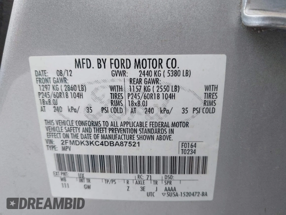 2013 Ford Edge Limited with VIN 2FMDK3KC4DBA87521, listed as a IAAI auction lot 42161801 with 176,956 mi miles. Bid and sale history available at carsss.com. Image 9.