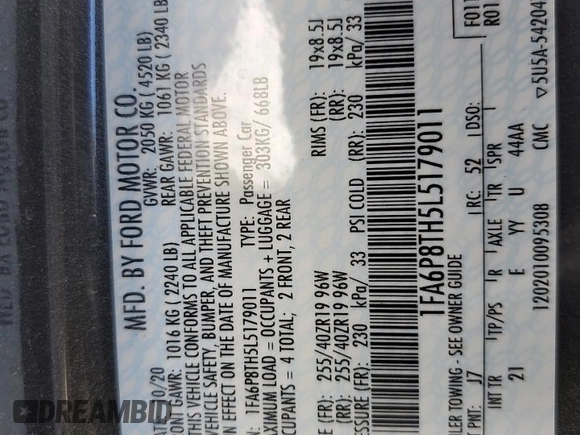 2020 Ford Mustang EcoBoost with VIN 1FA6P8TH5L5179011, listed as a Copart auction lot 63794115 with 34,735 mi miles and Salvage title. Bid and sale history available at DreamBid. Image 13.
