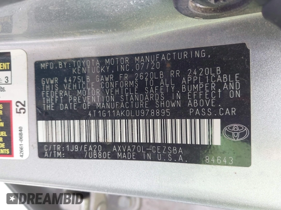 2020 Toyota Camry SE with VIN 4T1G11AK0LU978895, listed as a IAAI auction lot 41686039 with 106,413 mi miles. Bid and sale history available at carsss.com. Image 9.