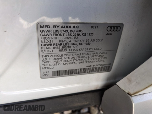 2021 Audi SQ5 Sportback Premium with VIN WA114AFY7M2081188, listed as a Copart auction lot 45051835 with 26,879 mi miles and Salvage Title. Bid and sale history available at DreamBid. Image 14.