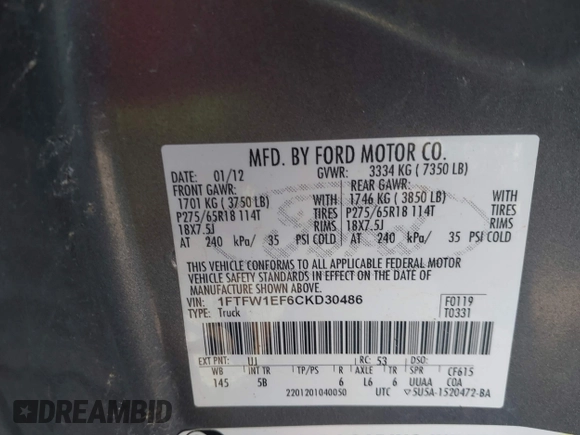 2012 Ford F-150 XL with VIN 1FTFW1EF6CKD30486, listed as a IAAI auction lot 41972362 with 328,321 mi miles. Bid and sale history available at carsss.com. Image 9.