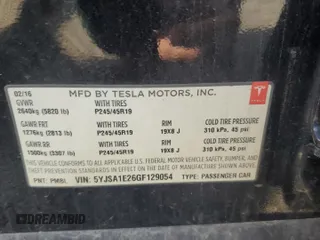 2016 Tesla Model S 90D с VIN 5YJSA1E26GF129054, выставлен на аукционе Copart как лот 54597655 с пробегом 158 158 миль миль и Списание • Salvage title. История ставок и продаж доступна на DreamBid. Изображение 12.