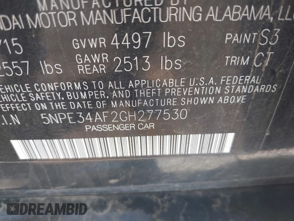 2016 Hyundai Sonata Sport with VIN 5NPE34AF2GH277530, listed as a IAAI auction lot 42096634 with 116,097 mi miles and . Bid and sale history available at DreamBid. Image 9.
