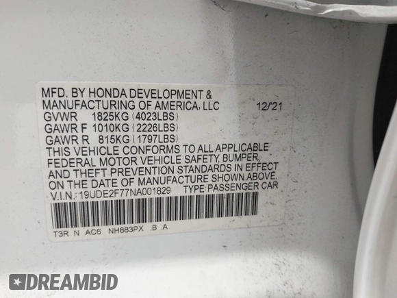2022 Acura ILX Premium with VIN 19UDE2F77NA001829, listed as a IAAI auction lot 42470192 with 42,939 mi miles and . Bid and sale history available at DreamBid. Image 9.