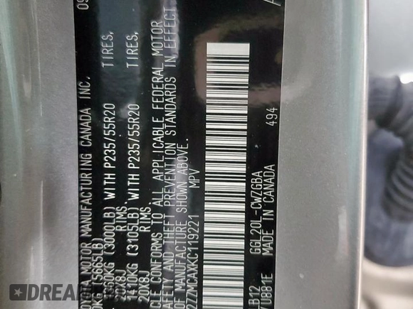 2019 Lexus RX 350 с VIN 2T2ZZMCAXKC119221, выставлен на аукционе Copart как лот 63496085 с пробегом 69 043 миль миль и Списание • Salvage title. История ставок и продаж доступна на DreamBid. Изображение 13.