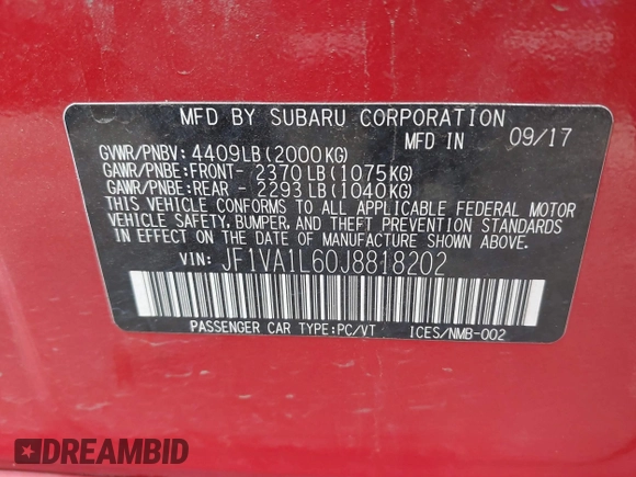 2018 Subaru WRX Limited with VIN JF1VA1L60J8818202, listed as a IAAI auction lot 41491934 with 49,399 mi miles. Bid and sale history available at carsss.com. Image 9.