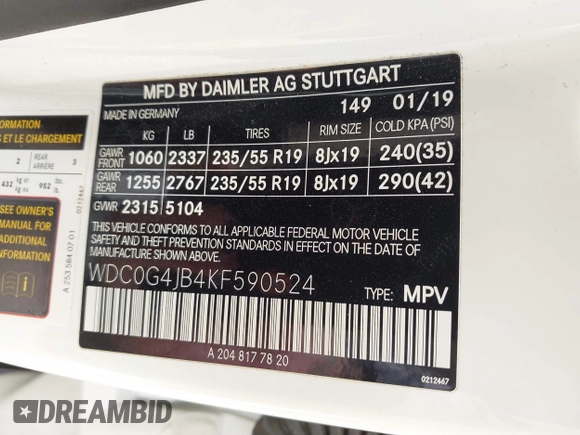2019 Mercedes-Benz GLC 300 with VIN WDC0G4JB4KF590524, listed as a IAAI auction lot 42126657 with 53,841 mi miles and . Bid and sale history available at DreamBid. Image 9.