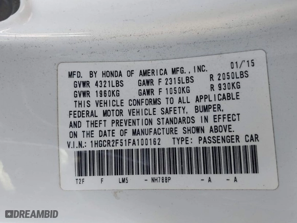 2015 Honda Accord Sedan Sport with VIN 1HGCR2F51FA100162, listed as a IAAI auction lot 41734768 with 122,243 mi miles. Bid and sale history available at carsss.com. Image 9.