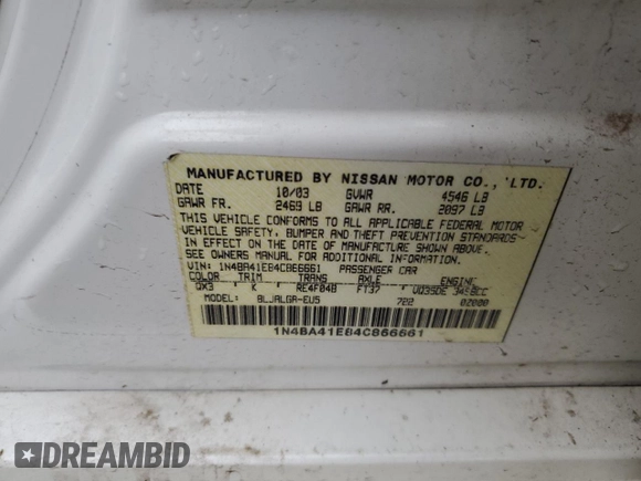 2004 Nissan Maxima SE with VIN 1N4BA41E84C866661, listed as a Copart auction lot 78060764 with 154,204 mi miles and Salvage Title. Bid and sale history available at DreamBid. Image 12.