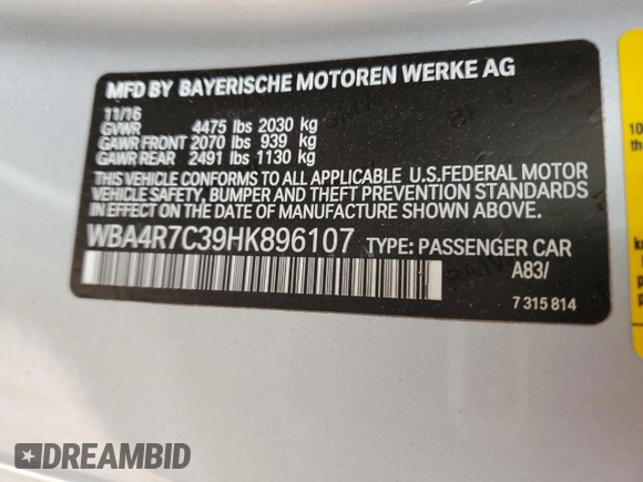 2017 BMW 4 Series 430i with VIN WBA4R7C39HK896107, listed as a Copart auction lot 79202964 with 136,656 mi miles and Salvage Title. Bid and sale history available at DreamBid. Image 12.