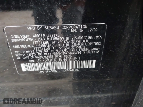 2021 Subaru Forester with VIN JF2SKADC9MH485969, listed as a IAAI auction lot 42400643 with 30,894 mi miles and . Bid and sale history available at DreamBid. Image 9.