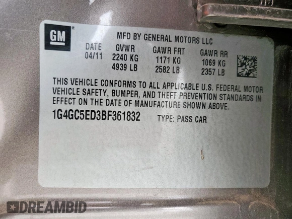2011 Buick LaCrosse CXL with VIN 1G4GC5ED3BF361832, listed as a Copart auction lot 60799275 with 121,825 mi miles and Clean title. Bid and sale history available at DreamBid. Image 12.
