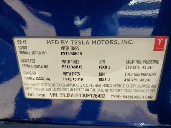 2016 Tesla Model S 70 kWh Battery with VIN 5YJSA1E10GF126433, listed as a IAAI auction lot 42169558 with 120,182 mi miles and . Bid and sale history available at carsss.com. Image 9.
