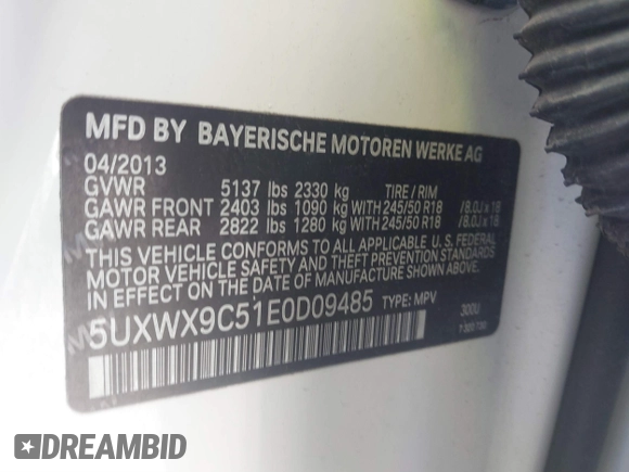 2014 BMW X3 xDrive28i with VIN 5UXWX9C51E0D09485, listed as a IAAI auction lot 41831582 with 103,953 mi miles and . Bid and sale history available at DreamBid. Image 9.
