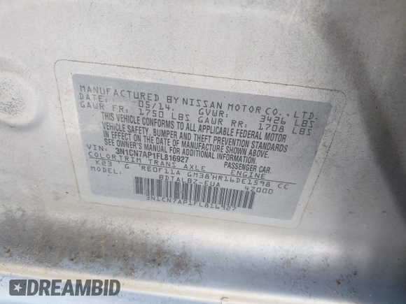 2015 Nissan Versa S Plus z VIN 3N1CN7AP1FL816927, wystawiony jako IAAI lot #42798798 z przebiegiem Nie podano mil oraz . Historia ofert i sprzedaży dostępna na DreamBid. Obrazek 9.