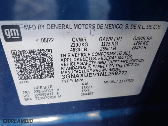 2022 Chevrolet Equinox LT with VIN 3GNAXUEV1NL299771, listed as a IAAI auction lot 41208871 with 28,728 mi miles. Bid and sale history available at carsss.com. Image 9.