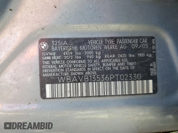 2006 BMW 3 Series 325i z VIN WBAVB13536PT02330, wystawiony jako Copart lot #49871145 z przebiegiem 142 336 mil mil oraz Szkoda całkowita • Salvage title. Historia ofert i sprzedaży dostępna na DreamBid. Obrazek 12.