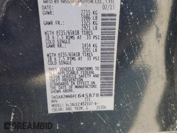 2015 Nissan Pathfinder S with VIN 5N1AR2MN6FC645878, listed as a Copart auction lot 60121285 with 191,449 mi miles and Salvage title. Bid and sale history available at DreamBid. Image 14.