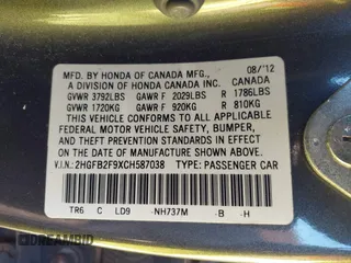 2012 Honda Civic EX-L with VIN 2HGFB2F9XCH587038, listed as a IAAI auction lot 41337259 with 114,520 mi miles and . Bid and sale history available at DreamBid. Image 9.
