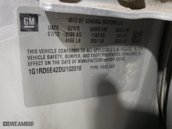 2013 Chevrolet Volt with VIN 1G1RD6E42DU102918, listed as a Copart auction lot 53123955 with 257,616 mi miles and Clean Title. Bid and sale history available at carsss.com. Image 12.