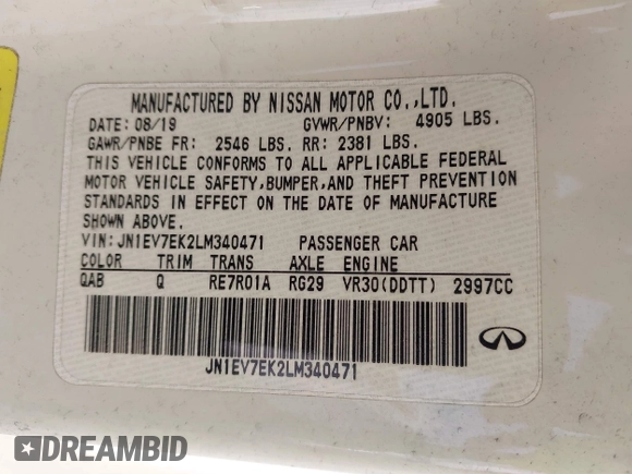2020 Infiniti Q60 Luxe with VIN JN1EV7EK2LM340471, listed as a IAAI auction lot 42452406 with Not provided miles and . Bid and sale history available at DreamBid. Image 9.