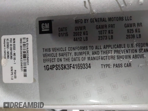 2015 Buick Verano Group with VIN 1G4PS5SK3F4169334, listed as a IAAI auction lot 41611790 with 121,309 mi miles and . Bid and sale history available at DreamBid. Image 9.