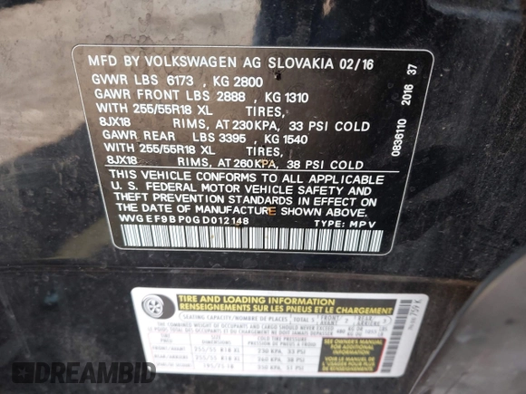 2016 Volkswagen Touareg Sport with VIN WVGEF9BP0GD012148, listed as a IAAI auction lot 42195030 with 95,984 mi miles and . Bid and sale history available at DreamBid. Image 9.