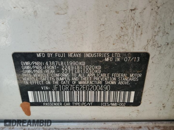 2014 Subaru WRX WRX with VIN JF1GR7E62EG200490, listed as a Copart auction lot 52255015 with 132,039 mi miles and Salvage title. Bid and sale history available at DreamBid. Image 15.