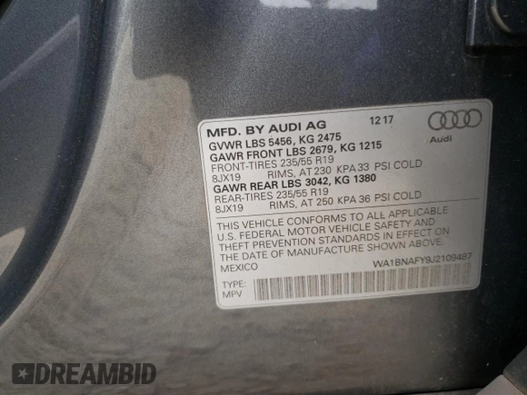 2018 Audi Q5 Premium Plus z VIN WA1BNAFY9J2109487, wystawiony jako Copart lot #57653345 z przebiegiem 47 518 mil mil oraz Szkoda całkowita • Salvage title. Historia ofert i sprzedaży dostępna na DreamBid. Obrazek 12.