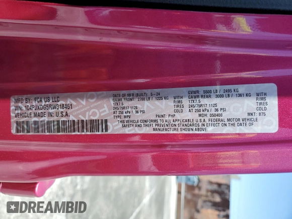 2024 Jeep Wrangler Sport S with VIN 1C4PJXDG5RW318461, listed as a Copart auction lot 54270255 with 5,234 mi miles and Salvage title. Bid and sale history available at DreamBid. Image 14.