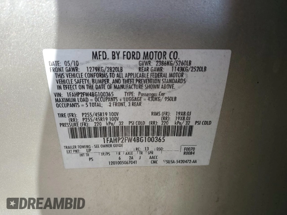2011 Ford Taurus Limited z VIN 1FAHP2FW4BG100365, wystawiony jako Copart lot #53994645 z przebiegiem 93 803 mil mil oraz Szkoda całkowita • Salvage title. Historia ofert i sprzedaży dostępna na DreamBid. Obrazek 13.
