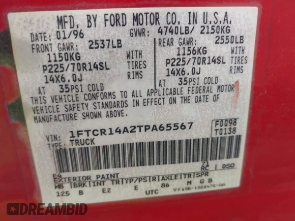 1996 Ford Ranger XL with VIN 1FTCR14A2TPA65567, listed as a IAAI auction lot 42791652 with 136,184 mi miles and . Bid and sale history available at DreamBid. Image 9.