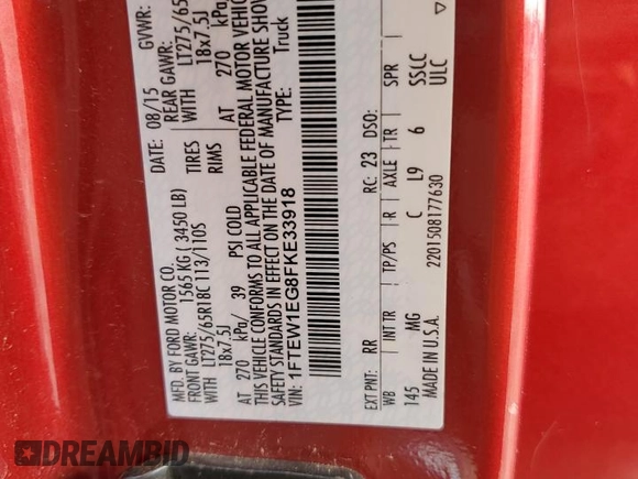 2015 Ford F-150 XLT with VIN 1FTEW1EG8FKE33918, listed as a Copart auction lot 60972635 with 258,002 mi miles and Salvage title. Bid and sale history available at DreamBid. Image 12.